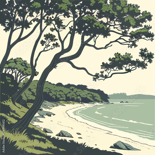 Canvastavla Stylized illustration of a serene coastal landscape with windswept trees overloo