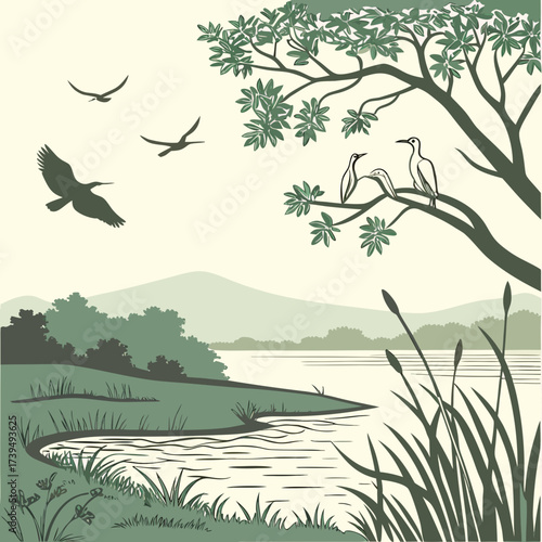 Tranquil lakeside scene with birds perched on a tree branch and flying in the sky