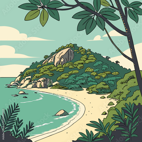 Tropical island paradise with lush green vegetation and sandy beach meeting turquoise ocean waves