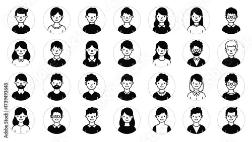 Diverse Black and White Avatar Icons Collection in Grid Layout