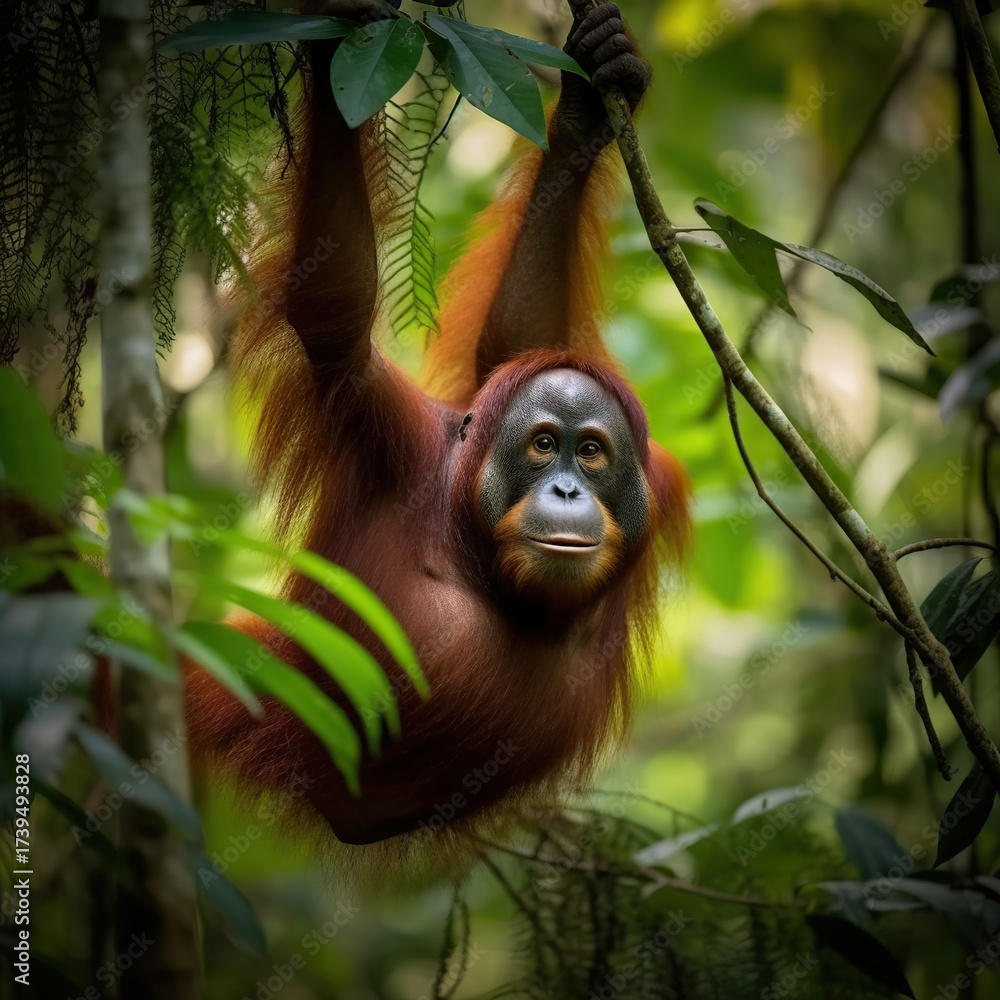Obraz premium Curious Young Orangutan Hanging from a Branch in the Dense, Lush Green Tropical Rainforest Canopy