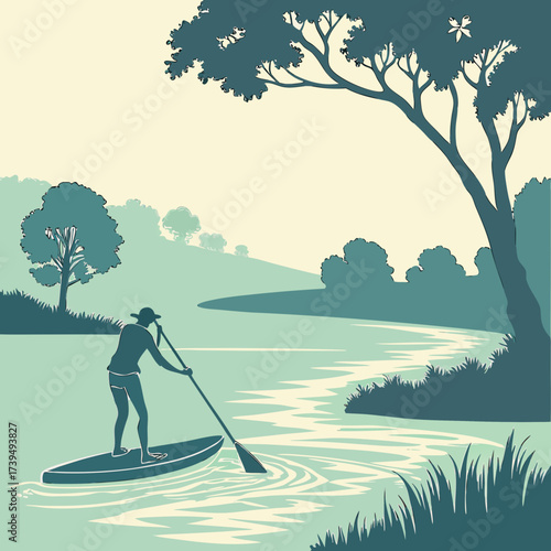 Silhouette of a person paddleboarding on a calm river surrounded by lush green trees and hills