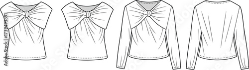Women’s blouse flat sketch, CAD fashion template with knotted front design, short and long sleeve top variations, stylish apparel vector