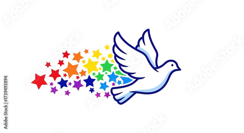 Dove of peace spreading rainbow stars a symbol of hope and diversity illustration
