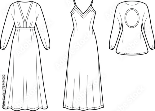 Women’s dress and blouse fashion flat sketch, CAD vector template with long sleeve dress, strappy dress, back cutout top design