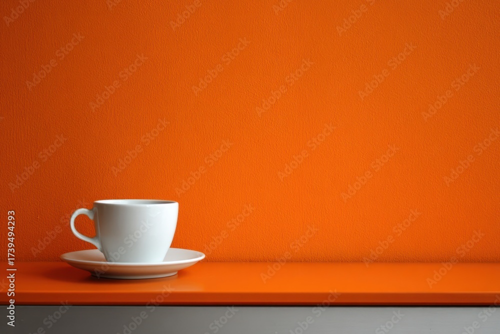 Obraz premium A white coffee cup on a saucer sits on an orange surface against a bright orange wall
