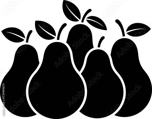 A Stylized Black Silhouette Depicting a Cluster of Five Ripe Pears Adorned with Subtle Leafy Accents Ideal for Packaging Design and Branding Applications