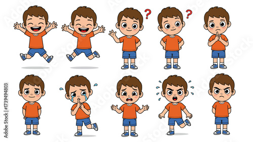 Cartoon Boy Character Expressing Diverse Emotions And Actions Set