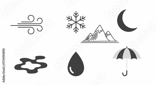 A collection of minimalist weather and nature icons including wind snowflake moon mountains puddle water drop and umbrella symbols in a simple line and solid st.