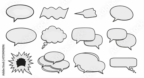 A diverse collection of empty handdrawn comic book speech bubbles with bold black outlines and subtle grey shading.