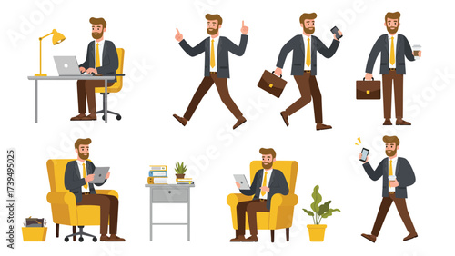 Business Man Daily Activities and Poses Vector Illustration Set