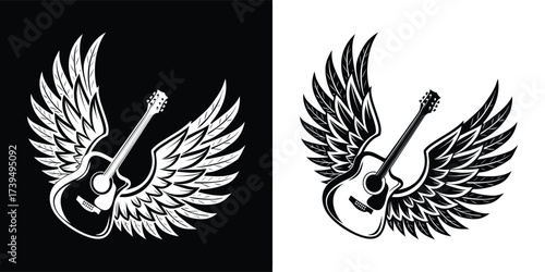Black and white illustration of an acoustic guitar with large feathered wings, isolated on white background