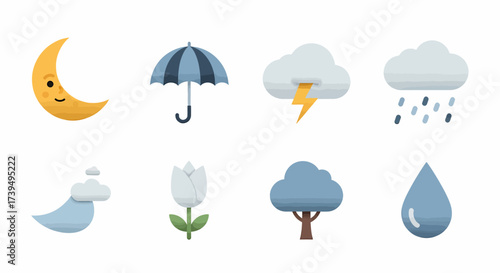 Collection of charming weather and naturethemed flat icons.