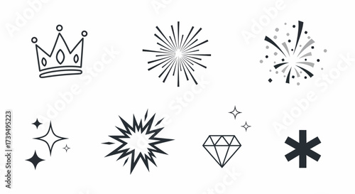 Collection of Celebration and Sparkle Vector Icons Crown Fireworks Diamond Stars Burst.