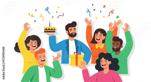 Enthusiastic gathering of friends celebrating a birthday with cake and confetti joyfully rejoicing