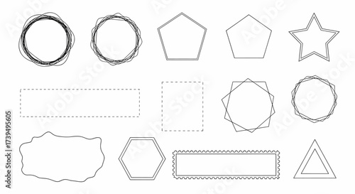 Diverse black outline geometric and abstract frames including scribbled circles polygons dashed lines and wavy shapes.