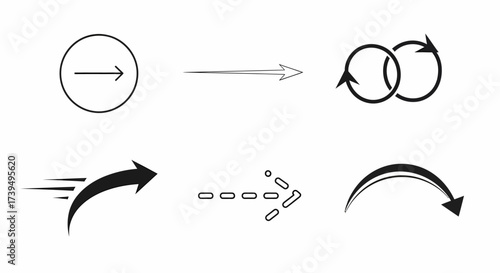 Diverse black vector arrow icons set circular dashed curved and speed lines indicating direction and motion.