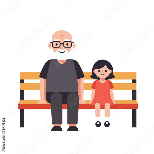 Grandfather and granddaughter sitting on bench, smiling together  