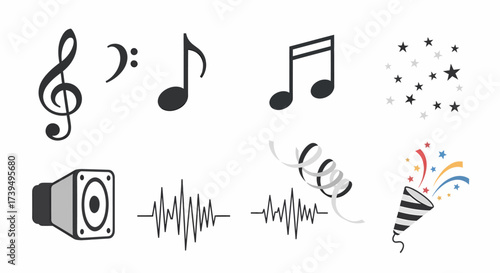 Graphic design elements for music and celebration including notes speaker soundwave and party popper.
