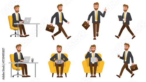 Businessman Cartoon Character Engaging In Diverse Daily Business Activities