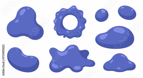 Set of glossy purple amorphous liquid shapes splashes and drops with highlights.