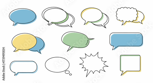 Set of colorful handdrawn speech bubbles with black outlines and pastel fills Doodlestyle comic dialogue boxes and thought balloons.