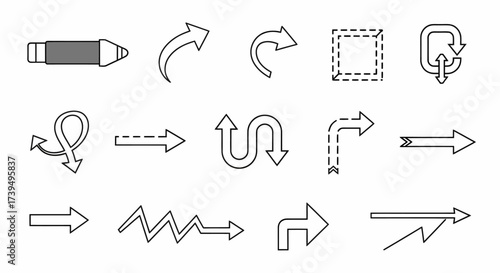Set of diverse arrow icons in a black line art style featuring curved dashed zigzag looped and Sshaped directional pointers.