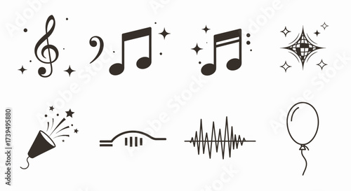 Simple Black and White Musical Notes and Symbols on White Background.