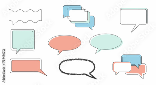 Vector set of colorful speech bubbles with thin black outlines in various shapes and styles.