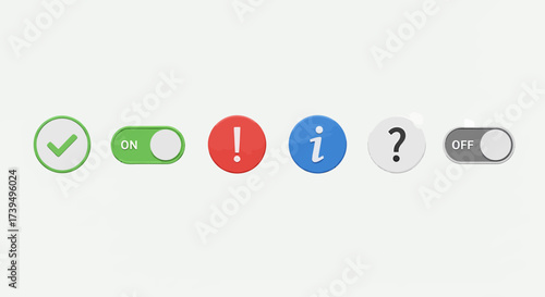 Vibrant 3D UIUX icons set green checkmark ONOFF toggles red exclamation blue info question mark.