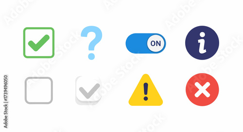 Vibrant flat design UIUX icons green check blue question ON toggle info warning error symbols.