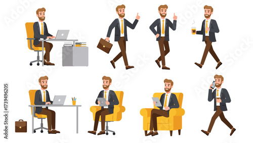 Businessman Daily Activities Set: Professional Cartoon Character Engaged in Work