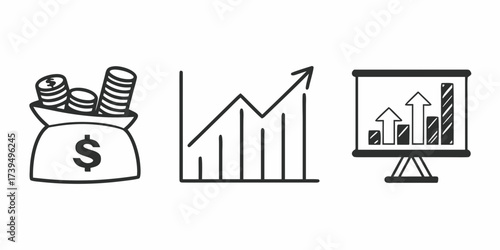 Illustration showing a money bag with coins, a growth chart, and a presentation with rising bars