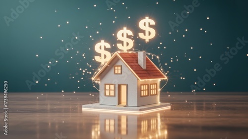 Model house with floating dollar signs representing real estate value.