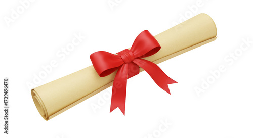 Diploma Scroll Tied with Ribbon: A rolled parchment diploma tied with a vibrant red ribbon, symbolizing academic achievement and the culmination of education. A versatile representation of milestones.
