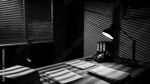 Film Noir Detective Office Scene with Venetian Blinds and Desk Lamp.