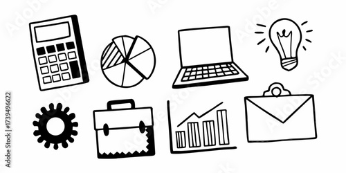 Doodle style icons representing business elements such as charts, laptop, and lightbulb idea icon