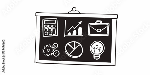 Blackboard displaying business icons including calculator graph briefcase and lightbulb and pie chart