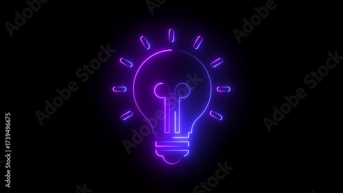 Neon light bulb icon with animation on isolated black background. Neon light digital bulb icon animation. Glowing neon lightning bulb icon. Neon light bulb icon animated, Innovation concept.