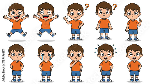 Cartoon Boy Expressions Set: Diverse Emotions And Actions From Happy To Angry And Sad