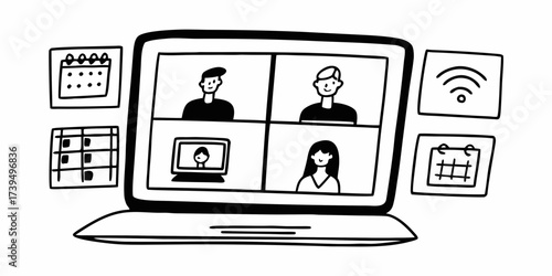 Laptop screen showing a video conference call with four participants and calendar icons and wifi symbol