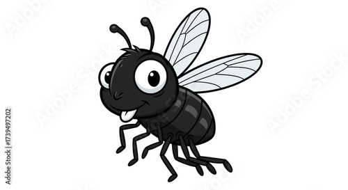 Cartoon illustration of a funny black fly with big eyes and silly expression