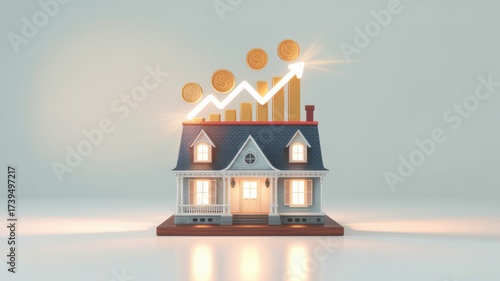 Conceptual house model with financial growth indicators.