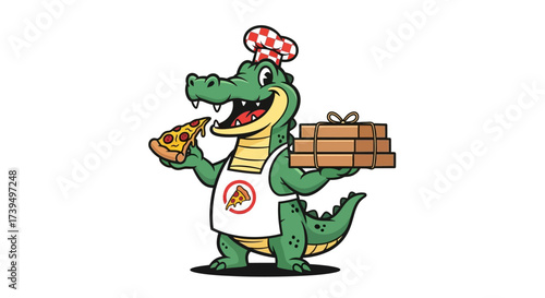 Cheerful crocodile chef with pizza slice and boxes perfect for branding or menu design
