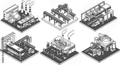 Industrial factory isometric vector set, power generation plant, automated warehouse, high‑tech manufacturing, packaging facility, heavy industry, chemical processing illustration collection