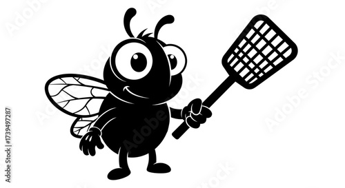 Cartoon fly wielding a fly swatter preparing for an epic insect battle or humorous pest control