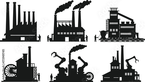 Industrial factory silhouette vector set, manufacturing plant illustration with smokestacks, cranes, conveyor belts, robotic automation, heavy machinery, workers, modern industry design