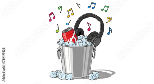 Summer vibes: Refreshments, music and a can of soda in an ice bucket with headphones