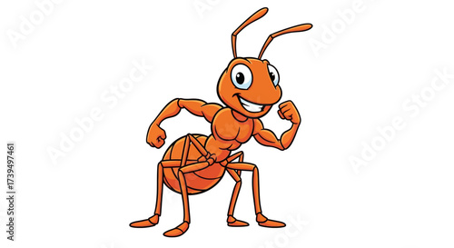 Cartoon Illustration of a Muscular Ant flexing his biceps on a White Background