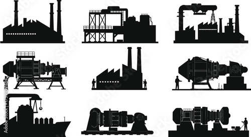 Industrial factory silhouette vector set, manufacturing plant illustration with smokestacks, chemical refinery tanks, robotic automation, heavy machinery, shipping crane, power generation facility